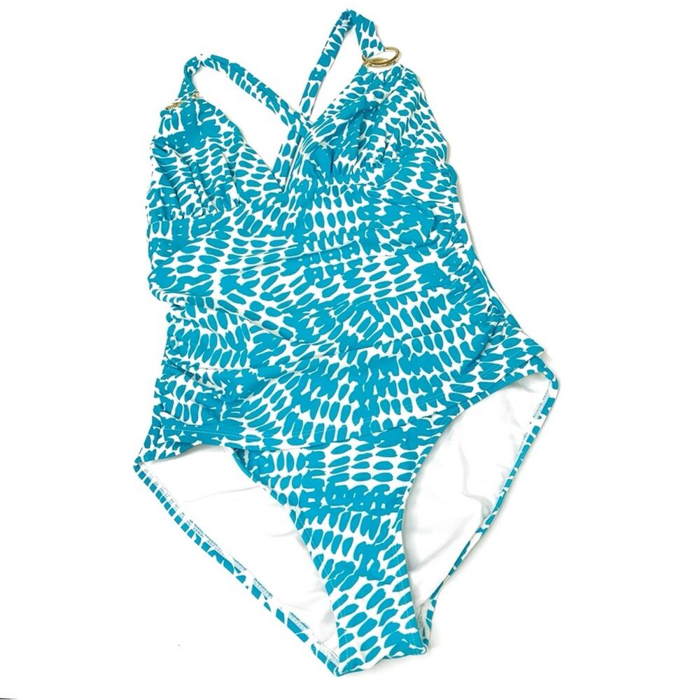 Old Navy Blue White Spotted Crossback One Piece Modest Swimsuit Womens Small